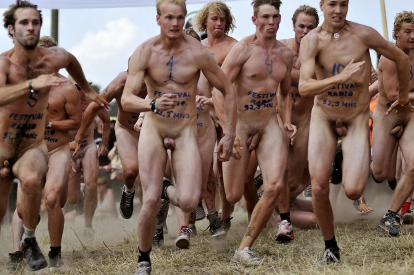 Nude men running