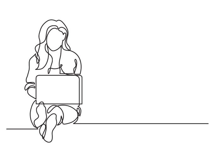 Девушка за компьютером одной линией