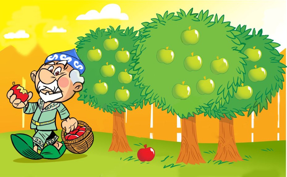 Иллюстрация фруктового сада с садовником